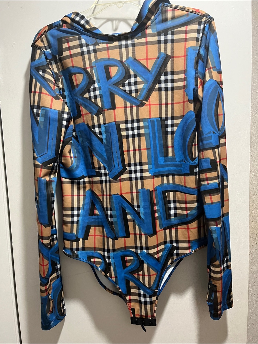 Burberry Tan Plaid Bodysuit with Blue Graffiti Script